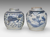 A group of seven chinese blue and white shipwreck jarlets, decoration incl. 'buddhist lion' and 'grasshopper', ming dynasty, tallest h 4 - 15 cm - afbeelding 2 van  7