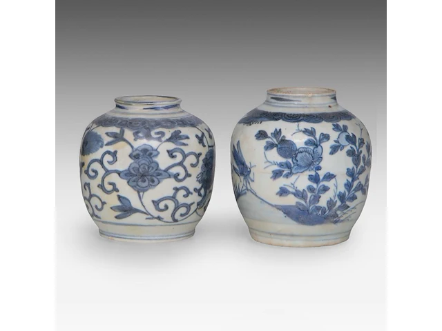 A group of seven chinese blue and white shipwreck jarlets, decoration incl. 'buddhist lion' and 'grasshopper', ming dynasty, tallest h 4 - 15 cm - afbeelding 3 van  7