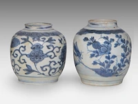 A group of seven chinese blue and white shipwreck jarlets, decoration incl. 'buddhist lion' and 'grasshopper', ming dynasty, tallest h 4 - 15 cm - afbeelding 3 van  7