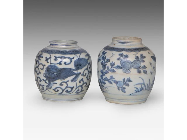 A group of seven chinese blue and white shipwreck jarlets, decoration incl. 'buddhist lion' and 'grasshopper', ming dynasty, tallest h 4 - 15 cm - afbeelding 4 van  7