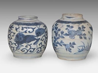 A group of seven chinese blue and white shipwreck jarlets, decoration incl. 'buddhist lion' and 'grasshopper', ming dynasty, tallest h 4 - 15 cm - afbeelding 4 van  7