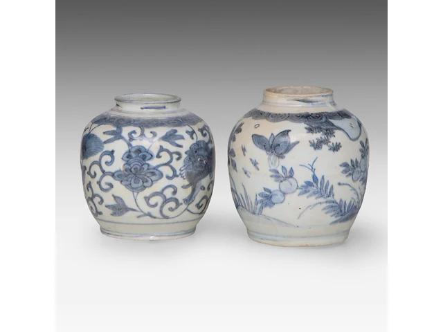 A group of seven chinese blue and white shipwreck jarlets, decoration incl. 'buddhist lion' and 'grasshopper', ming dynasty, tallest h 4 - 15 cm - afbeelding 5 van  7