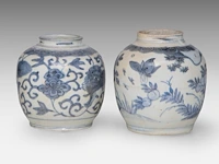 A group of seven chinese blue and white shipwreck jarlets, decoration incl. 'buddhist lion' and 'grasshopper', ming dynasty, tallest h 4 - 15 cm - afbeelding 5 van  7
