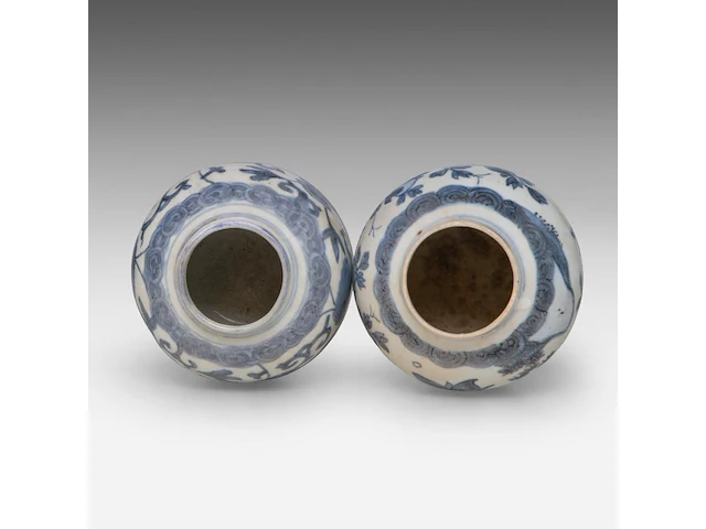 A group of seven chinese blue and white shipwreck jarlets, decoration incl. 'buddhist lion' and 'grasshopper', ming dynasty, tallest h 4 - 15 cm - afbeelding 6 van  7