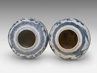 A group of seven chinese blue and white shipwreck jarlets, decoration incl. 'buddhist lion' and 'grasshopper', ming dynasty, tallest h 4 - 15 cm - afbeelding 6 van  7