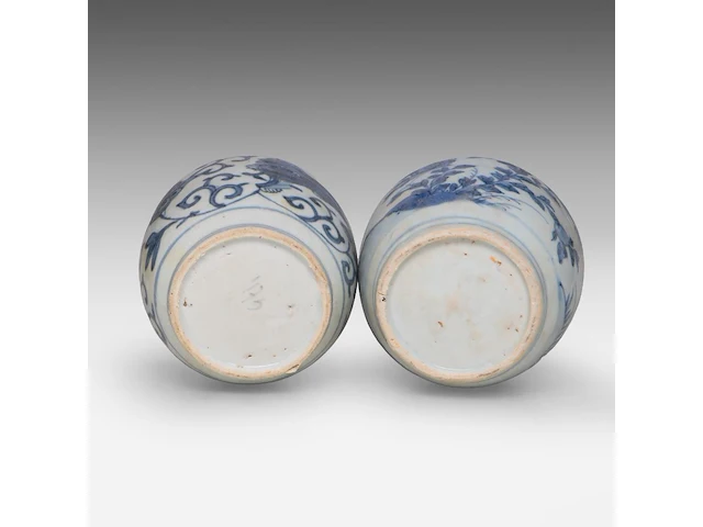 A group of seven chinese blue and white shipwreck jarlets, decoration incl. 'buddhist lion' and 'grasshopper', ming dynasty, tallest h 4 - 15 cm - afbeelding 7 van  7