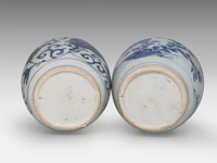 A group of seven chinese blue and white shipwreck jarlets, decoration incl. 'buddhist lion' and 'grasshopper', ming dynasty, tallest h 4 - 15 cm - afbeelding 7 van  7