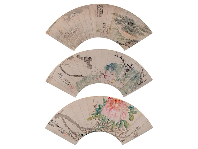 A group of three chinese paintings on fan, mostly 'flower garden', colour on paper, signed text and seal stamp, largest l 55,5 cm - afbeelding 1 van  7