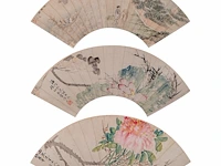 A group of three chinese paintings on fan, mostly 'flower garden', colour on paper, signed text and seal stamp, largest l 55,5 cm