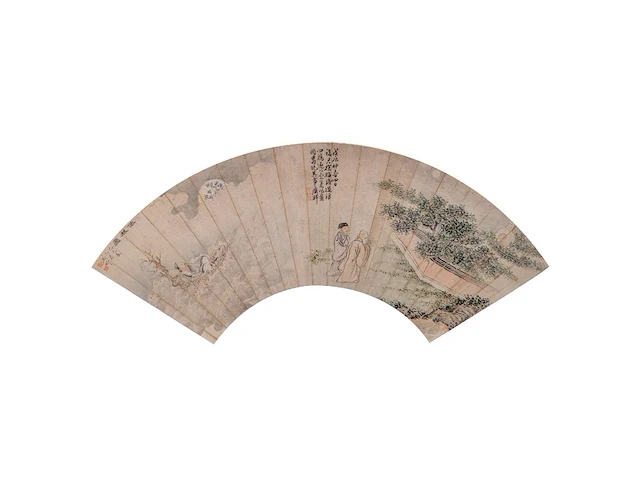 A group of three chinese paintings on fan, mostly 'flower garden', colour on paper, signed text and seal stamp, largest l 55,5 cm - afbeelding 2 van  7