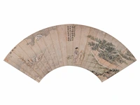 A group of three chinese paintings on fan, mostly 'flower garden', colour on paper, signed text and seal stamp, largest l 55,5 cm - afbeelding 2 van  7