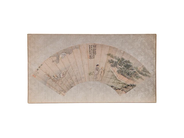 A group of three chinese paintings on fan, mostly 'flower garden', colour on paper, signed text and seal stamp, largest l 55,5 cm - afbeelding 3 van  7