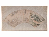 A group of three chinese paintings on fan, mostly 'flower garden', colour on paper, signed text and seal stamp, largest l 55,5 cm - afbeelding 3 van  7