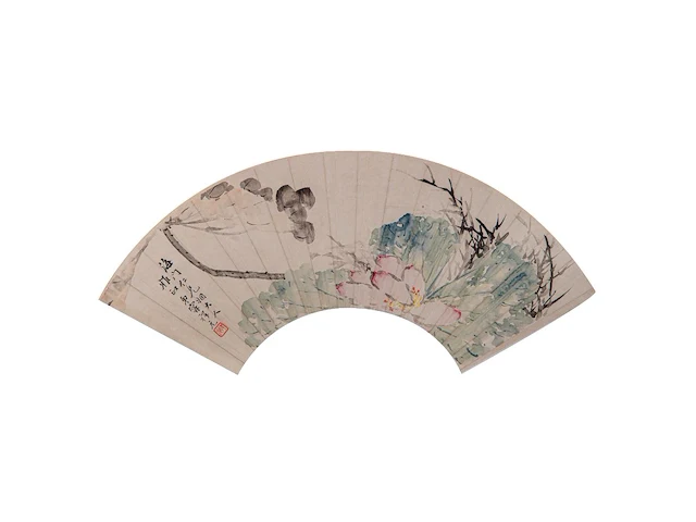 A group of three chinese paintings on fan, mostly 'flower garden', colour on paper, signed text and seal stamp, largest l 55,5 cm - afbeelding 4 van  7