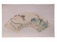 A group of three chinese paintings on fan, mostly 'flower garden', colour on paper, signed text and seal stamp, largest l 55,5 cm - afbeelding 5 van  7