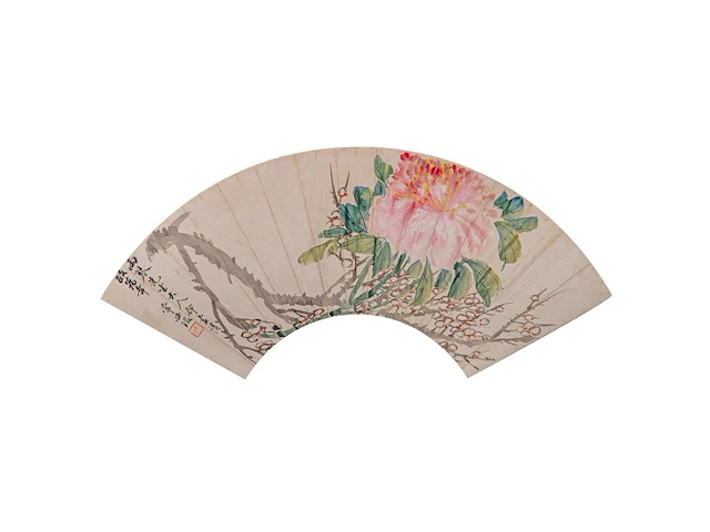 A group of three chinese paintings on fan, mostly 'flower garden', colour on paper, signed text and seal stamp, largest l 55,5 cm - afbeelding 6 van  7