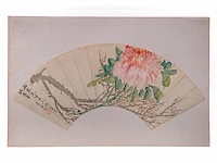 A group of three chinese paintings on fan, mostly 'flower garden', colour on paper, signed text and seal stamp, largest l 55,5 cm - afbeelding 7 van  7