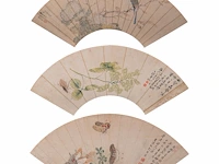 A group of three chinese paintings on fan, mostly 'insects and flowers', colour on paper, seal stamped and signed text, l 52,5 cm