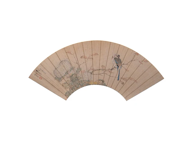 A group of three chinese paintings on fan, mostly 'insects and flowers', colour on paper, seal stamped and signed text, l 52,5 cm - afbeelding 2 van  7