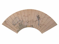 A group of three chinese paintings on fan, mostly 'insects and flowers', colour on paper, seal stamped and signed text, l 52,5 cm - afbeelding 2 van  7