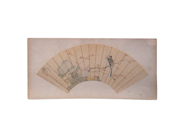 A group of three chinese paintings on fan, mostly 'insects and flowers', colour on paper, seal stamped and signed text, l 52,5 cm - afbeelding 3 van  7