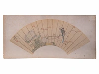 A group of three chinese paintings on fan, mostly 'insects and flowers', colour on paper, seal stamped and signed text, l 52,5 cm - afbeelding 3 van  7