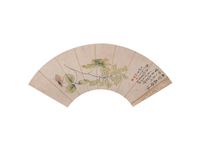 A group of three chinese paintings on fan, mostly 'insects and flowers', colour on paper, seal stamped and signed text, l 52,5 cm - afbeelding 4 van  7