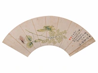 A group of three chinese paintings on fan, mostly 'insects and flowers', colour on paper, seal stamped and signed text, l 52,5 cm - afbeelding 4 van  7