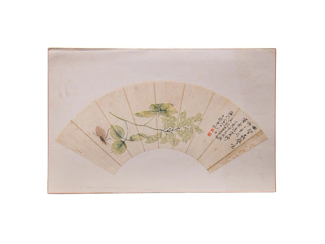 A group of three chinese paintings on fan, mostly 'insects and flowers', colour on paper, seal stamped and signed text, l 52,5 cm - afbeelding 5 van  7