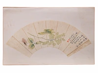 A group of three chinese paintings on fan, mostly 'insects and flowers', colour on paper, seal stamped and signed text, l 52,5 cm - afbeelding 5 van  7