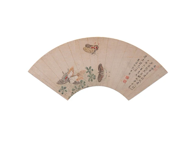 A group of three chinese paintings on fan, mostly 'insects and flowers', colour on paper, seal stamped and signed text, l 52,5 cm - afbeelding 6 van  7