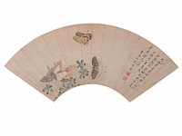 A group of three chinese paintings on fan, mostly 'insects and flowers', colour on paper, seal stamped and signed text, l 52,5 cm - afbeelding 6 van  7