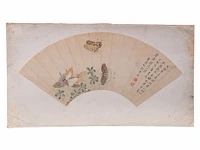 A group of three chinese paintings on fan, mostly 'insects and flowers', colour on paper, seal stamped and signed text, l 52,5 cm - afbeelding 7 van  7