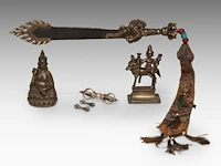 A group of tibetan and himalayan bronze ware, incl. a 'makara' ritual sword and a brocade streamer with pearls, turquoise and coral beads, 20thc, l 39 cm
