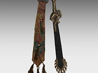 A group of tibetan and himalayan bronze ware, incl. a 'makara' ritual sword and a brocade streamer with pearls, turquoise and coral beads, 20thc, l 39 cm - afbeelding 15 van  17
