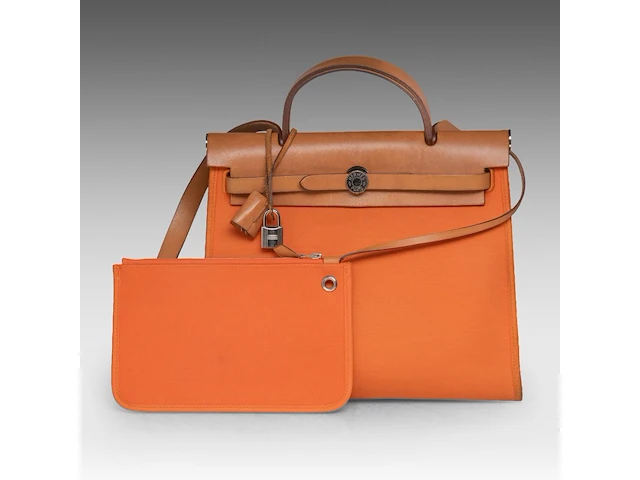 A hermès 'herbag' 31 in leather and orange toile, includes pouch, h 25 - w 31 - d 10 cm - afbeelding 12 van  18