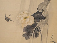 A japanese 'birds on a cliff' and a 'magpies in a lotus pond' painting, both framed 137,5 x 65,5 cm - afbeelding 2 van  12