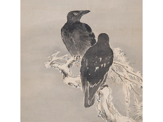 A japanese 'birds on a cliff' and a 'magpies in a lotus pond' painting, both framed 137,5 x 65,5 cm - afbeelding 3 van  12