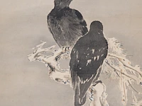 A japanese 'birds on a cliff' and a 'magpies in a lotus pond' painting, both framed 137,5 x 65,5 cm - afbeelding 3 van  12