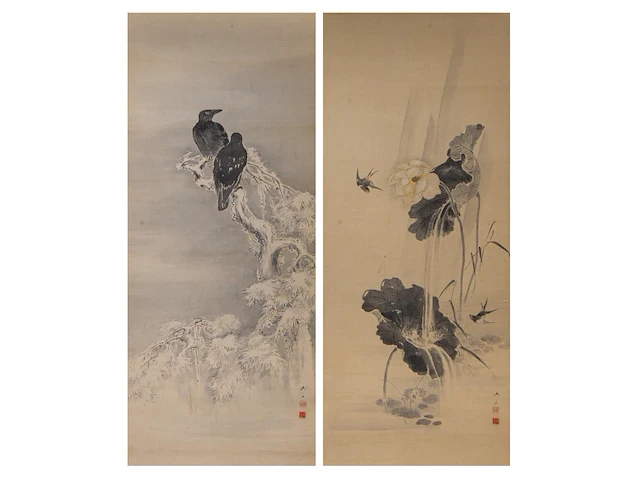 A japanese 'birds on a cliff' and a 'magpies in a lotus pond' painting, both framed 137,5 x 65,5 cm - afbeelding 1 van  12