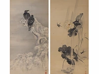 A japanese 'birds on a cliff' and a 'magpies in a lotus pond' painting, both framed 137,5 x 65,5 cm