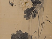 A japanese 'birds on a cliff' and a 'magpies in a lotus pond' painting, both framed 137,5 x 65,5 cm - afbeelding 8 van  12