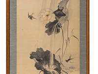 A japanese 'birds on a cliff' and a 'magpies in a lotus pond' painting, both framed 137,5 x 65,5 cm - afbeelding 9 van  12