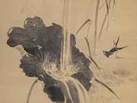 A japanese 'birds on a cliff' and a 'magpies in a lotus pond' painting, both framed 137,5 x 65,5 cm - afbeelding 12 van  12