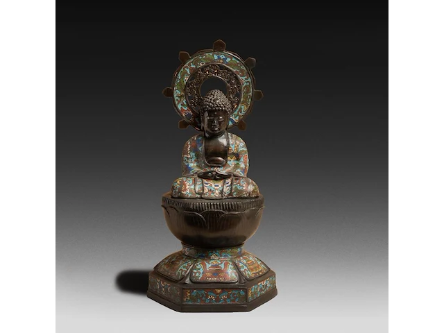 A japanese champlevé enameled bronze buddha, signed, 19th/20thc, h 56,5 cm - afbeelding 1 van  5