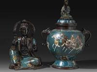 A japanese champlevé enameled bronze depicting kannon, added a ditto lidded vase and a couple of vases, meiji period (1868-1912), h 32 cm - h 40 cm - h 47 cm