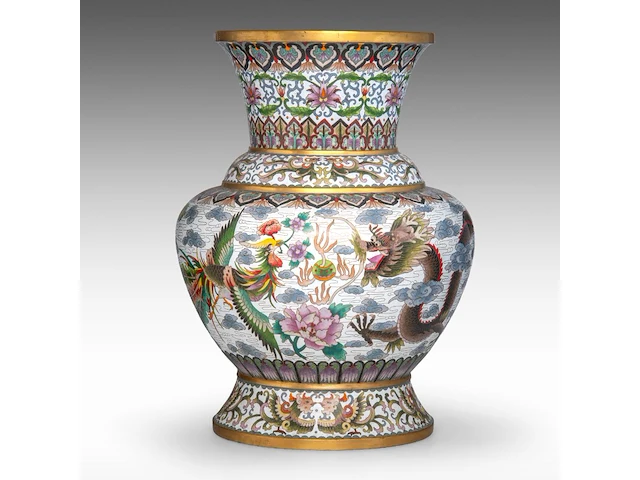 A japanese cloisonné enamelled 'phoenix and dragon' bronze large vase, meiji period, h 52 cm - afbeelding 1 van  7