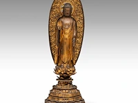 A japanese gilt lacquered figure of amida nyorai (amitabha), standing on a lotus base, meiji period, total h 78,5 cm