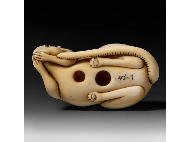 A japanese ivory netsuke of a rat, signed tomokazu (?), edo period (19thc), h 2 cm - w 5 cm - d 2,5 cm - 24g (+) - afbeelding 7 van  7
