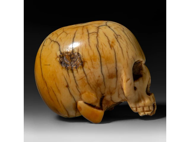 A japanese ivory netsuke of a skull, edo period (18th/19thc), h 3,7 cm - w 4,5 cm - d 3,4 cm - 51g (+) - afbeelding 5 van  7